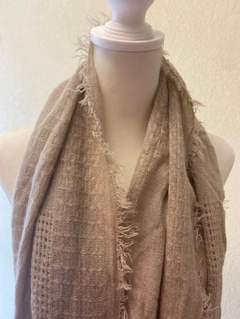 Light Brown Tan Crinkled Infinity Scarf Frayed Edge 100% Acrylic Soft Boho